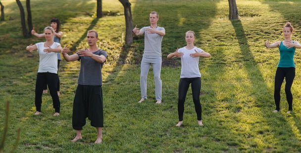 A group of people do yoga in the Park at sunset. Healthy lifestyle, meditation and Wellness - Valokuva, kuva