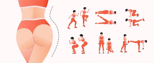 Abs Workout Set. Women doing fitness and yoga exercises. Lunges, Pushups,  Squats, Dumbbell rows, Burpees, Side planks, Situps, Glute bridge, Leg  Raise, Russian Twist, Side Crunch .etc Stock Vector