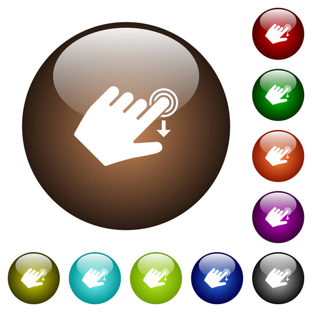 Diapositiva izquierda hacia abajo los iconos de gesto blanco en botones de vidrio redondos en múltiples colores - Vector, Imagen