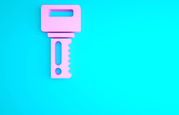 Llave de coche rosa con icono remoto aislado sobre fondo azul. Llave del coche y sistema de alarma. Concepto minimalista. 3D ilustración 3D render. - Foto, Imagen