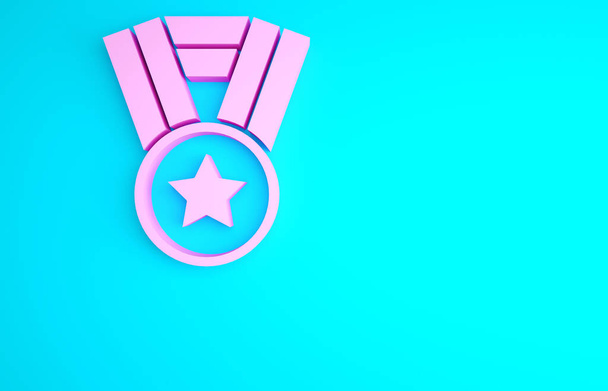 Rózsaszín medál ikon elszigetelt kék háttérrel. Győztes teljesítmény jel. Kitüntetés. Minimalizmus koncepció. 3d illusztráció 3D render. - Fotó, kép
