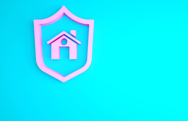 Рожевий дім з щитовим іконом, ізольованим на синьому тлі. Концепція страхування. Безпека, безпека, захист, захист. Концепція мінімалізму. 3D-рендеринг. - Фото, зображення
