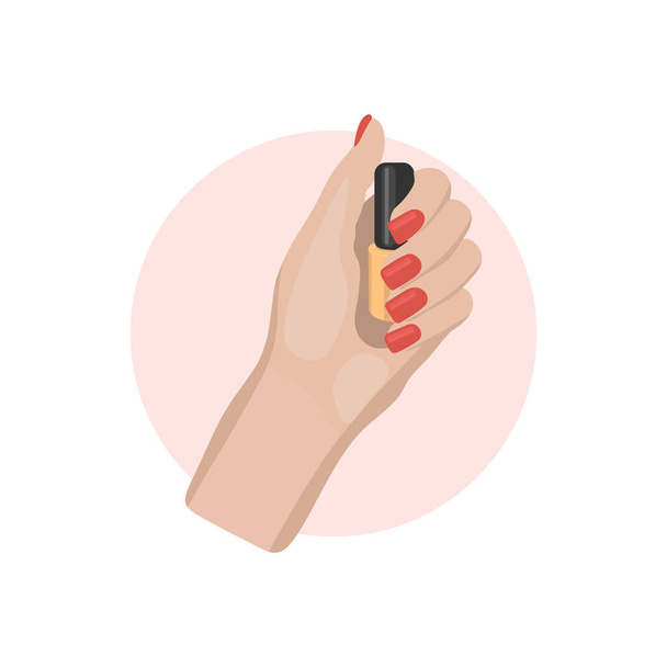 Женская рука с раскрашенными ногтями, красный символ маникюра. Наклейка в кругу, для ногтей бар, салон красоты, наклейка маникюрши и социальные сети. Векторная изоляция запасов - Вектор,изображение
