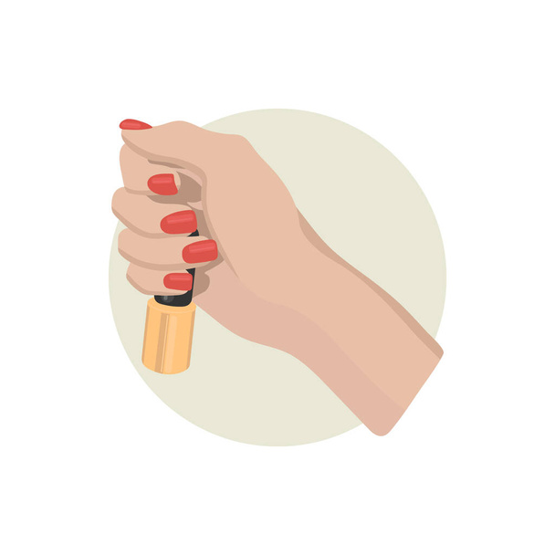 塗装爪、赤いマニキュアのシンボルを持つ女性の手。サークル内のシール、ネイルバー、美容室、マニキュアステッカー、ソーシャルメディア用。株式ベクトル図 - ベクター画像