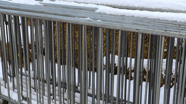Een draagbaar metalen hek wordt 's winters op één plek in de sneeuw in de buitenlucht bewaard. Gray roosters voor het rommelig maken van het gebied en het organiseren van de wachtrij voor het evenement - Foto, afbeelding