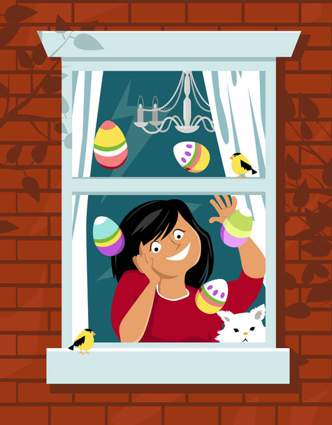 Dziewczyna machając z okna z naklejki pisanki umieścić na szkle dla alternatywnego bezpiecznego polowania na jajka, EPS 8 wektor ilustracji - Wektor, obraz