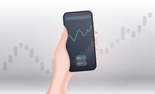 A hand holds a phone with a growth graph. Trading concept. Volumetric realistic style. Vector. - Vector, Image
