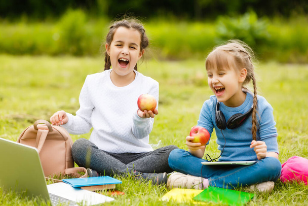 Дети на пикнике на школьном газоне едут обедать в коробке. родители заботятся о детях. - Фото, изображение