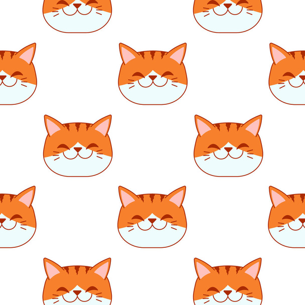 Cara de gato naranja sonriente en patrón sin costuras sobre fondo blanco. Patrón de almohada. Ilustración vectorial. - Vector, Imagen