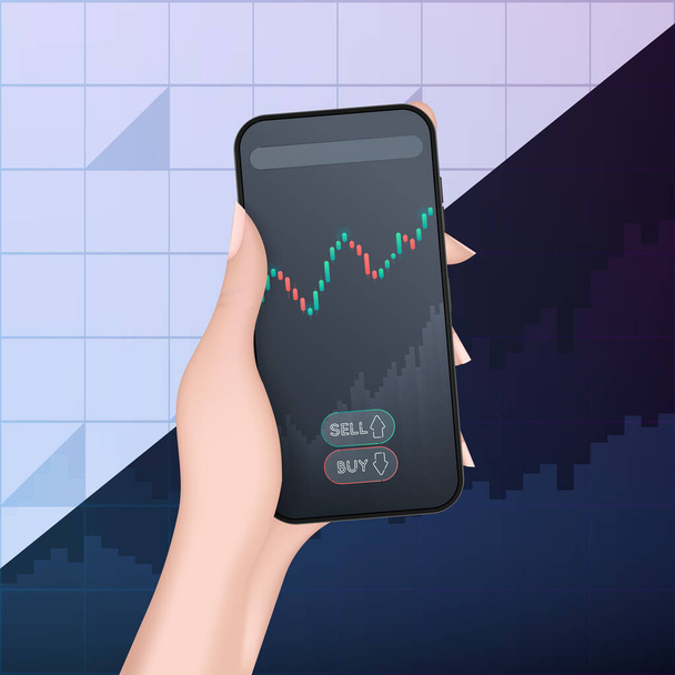 Hand holds a phone with financial charts. Analytics, business or financial exchange trading concept. Vector. - Vector, Image