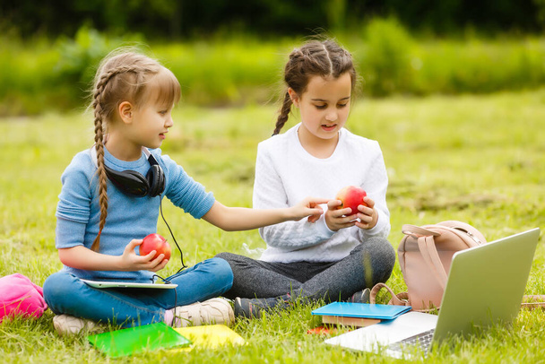 kids on the picnic in school grass yard are coming eat lunch in box. parent take care of childcare. - Photo, Image