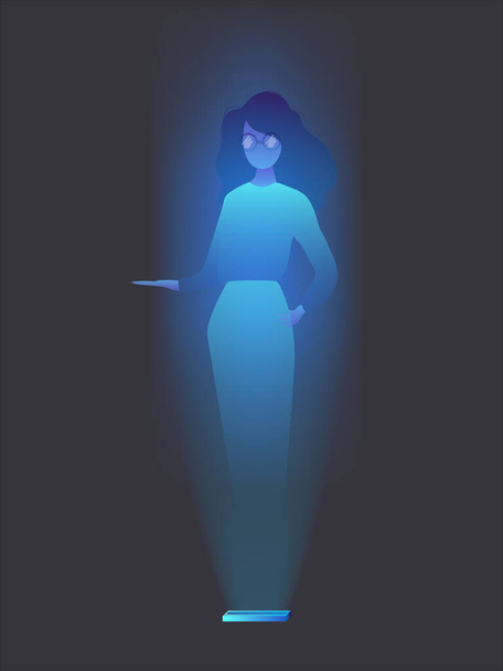 Een hologram van een meisje met een bril. Futuristisch silhouet van een meisje in neonlicht. Geïsoleerd op een donkere achtergrond. Vector. - Vector, afbeelding