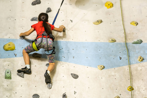 Sporty little girl climbing artificial boulder on practical wall in gym - Fotó, kép