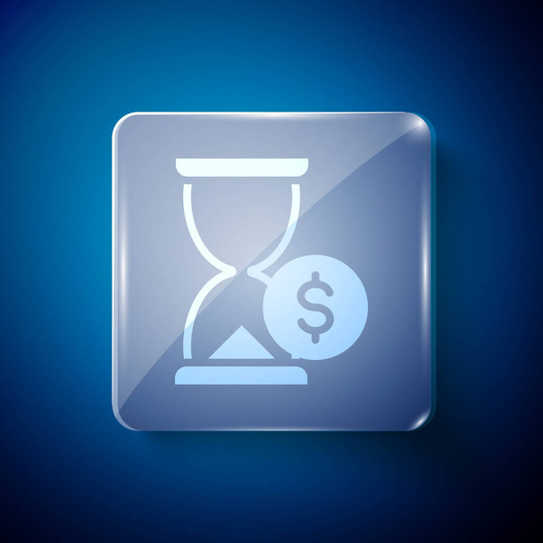 Weiße Sanduhr mit Dollarsymbol auf blauem Hintergrund. Geld auf Zeit. Sandglas und Geld. Wachstum, Einkommen, Ersparnisse, Investitionen. Quadratische Glasscheiben. Vektor. - Vektor, Bild
