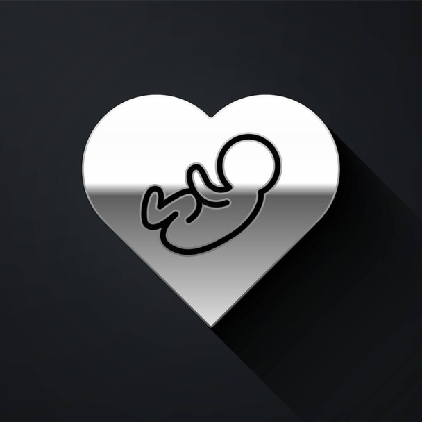 Silver Baby all'interno icona del cuore isolato su sfondo nero. Lungo stile ombra. Vettore. - Vettoriali, immagini