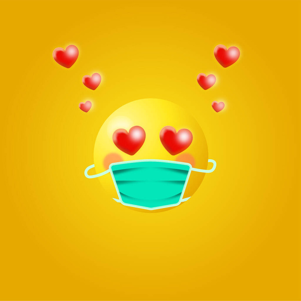 Emoji en el amor - el rostro amarillo en la máscara con la expresión en el amor. Emoticones de amor, emociones, círculo amarillo, gráficos vectoriales aislados sobre fondo blanco. - Vector, Imagen