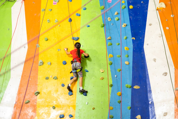 Pequeña niña escalada pared de roca pared práctica en el gimnasio - Foto, imagen