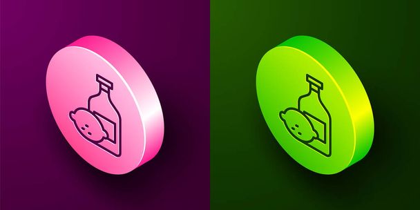 Isometryczna ikona butelki Limoncello na fioletowym i zielonym tle. Butelka świeżej domowej roboty lemoniady. Okrągły przycisk. Wektor. - Wektor, obraz