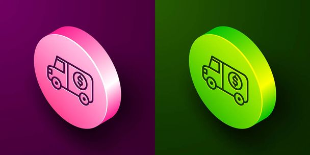 Isometric ligne icône de camion blindé isolé sur fond violet et vert. Cercle bouton. Vecteur. - Vecteur, image