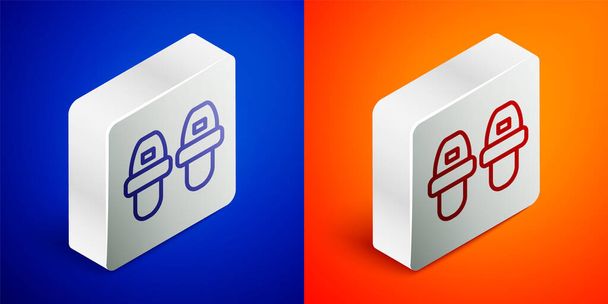 Isometric line Hotel slippers icon isolated on blue and orange background. Flip flops sign. Silver square button. Vector. - Vector, Image