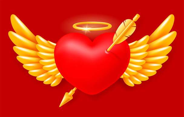 Rode realistische engel hart met gouden vleugels en halo, doorboord door cupid pijl, op rode achtergrond. Gelukkige Valentijnsdag wenskaart conceptueel ontwerp. Vectorillustratie EPS10. - Vector, afbeelding