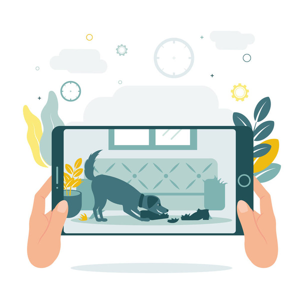 CCTV. Videobewaking. Toegang op afstand. Een man kijkt in een tablet of telefoon en ziet dat de hond op dingen kauwt. De hond in de gaten houden met videobewaking. Vectorillustratie. - Vector, afbeelding