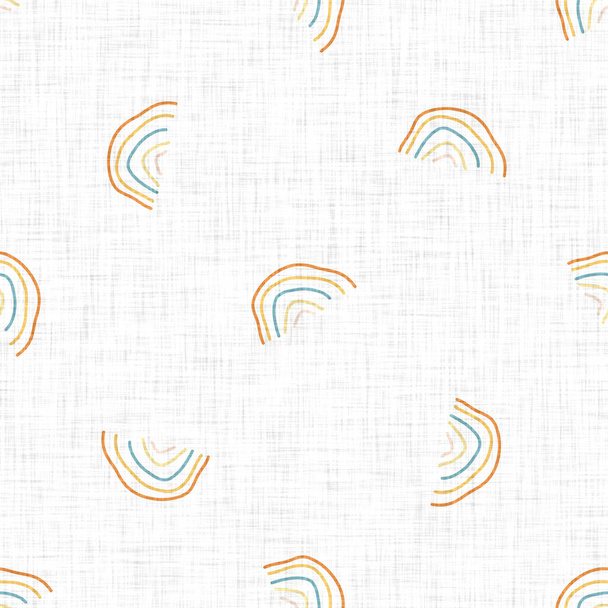 Cute rainbow scribble doodle background. Hand drawn whimsical motif seamless pattern. Naive simple crayon style for minimal baby fashion, nursery decor, unisex kid scrapbook paper. - Photo, Image