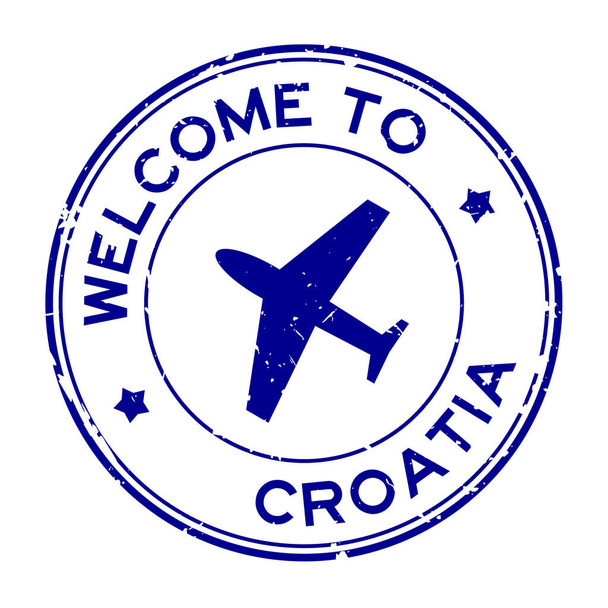 Grunge niebieski Witamy w Chorwacji słowo z ikoną samolotu okrągły pieczęć gumowy znaczek na białym tle - Wektor, obraz
