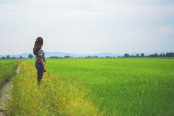 Uma mulher de pé e olhando para um belo campo de arroz com sensação de relaxamento e calma - Foto, Imagem