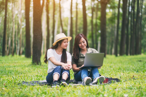 Two asian women working and using laptop computer while sitting in the park - Foto, Bild