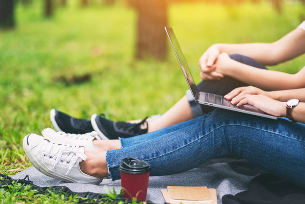 Dvě ženy pracující a používající notebook, zatímco sedí v parku - Fotografie, Obrázek