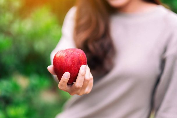 A beautiful woman holding a fresh red apple in hand - Fotoğraf, Görsel