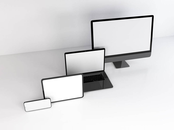 Realistic Mockup of Multiple Responsive Devices 3D Illustration on Isolated Background - Fotoğraf, Görsel