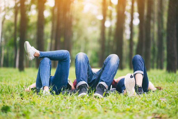 A group of young people lying down on a green grass in the forest - Foto, Imagen