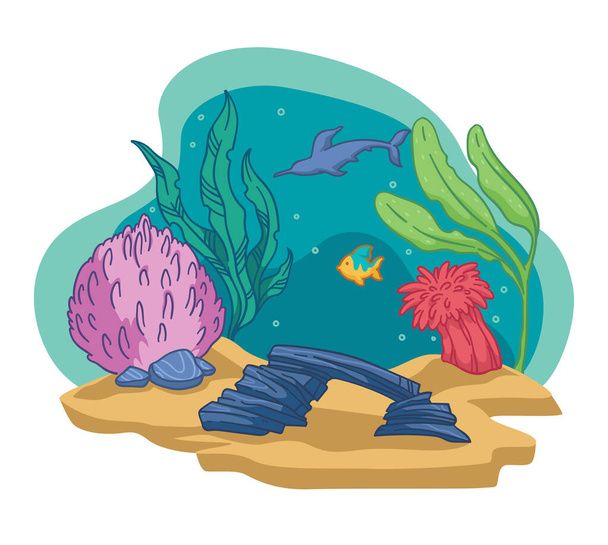 Aquarium or bottom of sea or ocean, fish and weed - Вектор, зображення