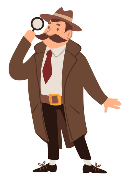 Detective or spy with magnifying glass, agent job - Wektor, obraz