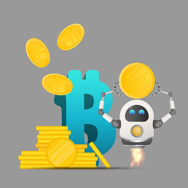 Robot volante in possesso di una moneta d'oro sullo sfondo del segno bitcoin. Concetto di investimento e aumento di capitale. Vettore. - Vettoriali, immagini