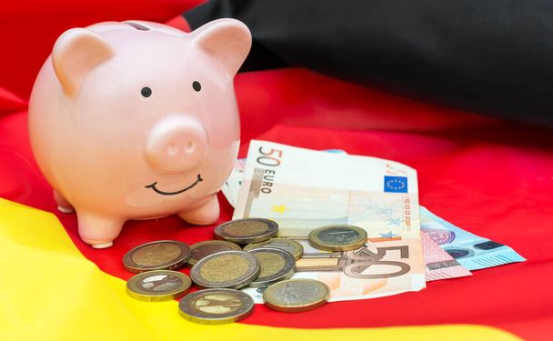 Sparschwein mit Euro-Scheinen und Münzen auf Deutschlandfahne. - Foto, Bild