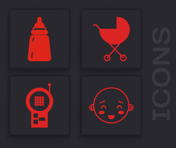 Set Happy little boy head, Baby bottle, Baby stroller and Baby Monitor Walkie Talkie icon. Vector. - Vector, Image