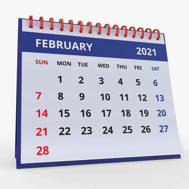Календар стоячих столів лютий 2021 року. Бізнес щомісячний календар з червоною спіраллю, тиждень починається в неділю. Щомісячні сторінки на синій основі, ізольовані на білому тлі, 3d візуалізація
. - Фото, зображення