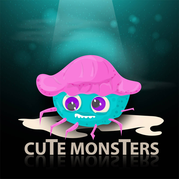 flat cartoon illustration, cute monster blue creature with pink shell, standing in a beam of light, mirror lettering - Vector, Image