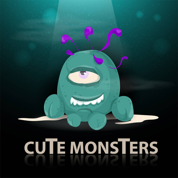 flat cartoon illustration, cute monster, blue creature with spots and one eye with purple hair, standing in a beam of light, mirror inscription - Vector, Image