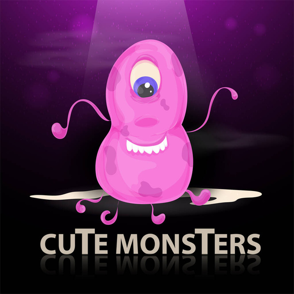 ilustración plana de dibujos animados lindo monstruo burbuja criatura rosa con tentáculos y manchas de pie en un haz de letras de espejo de luz - Vector, Imagen