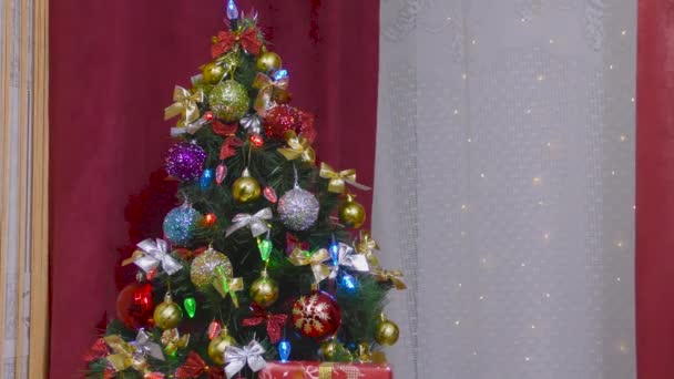 Nagy díszített karácsonyfa a háttérben a piros-fehér szövet - Felvétel, videó