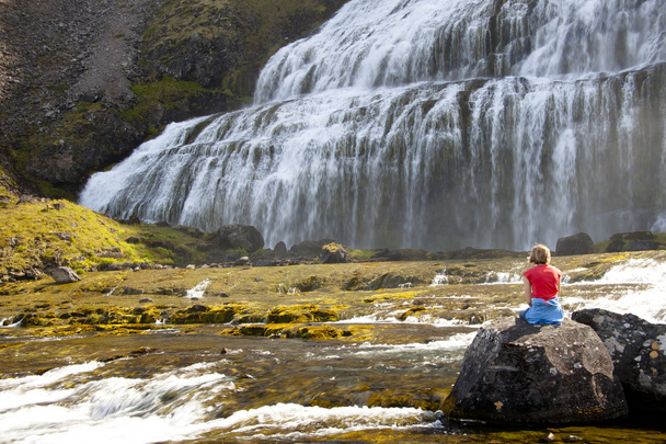 Odpočívejte na skále. v pozadí dynjandi vodopád - Island - Fotografie, Obrázek