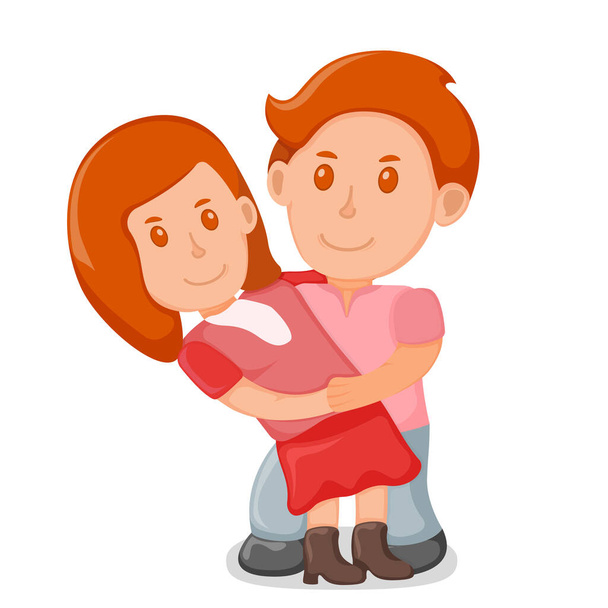 Młody uroczy mężczyzna trzyma kobietę na rękach, kochankowie pary, stojąc razem wektor ilustracji kreskówki, odizolowany na białym. Concept para cute data miłosny dzień. - Wektor, obraz