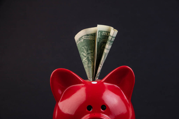 Dollars banknotes money into Piggy Bank on a black background.,money saving financial concept. - Fotó, kép