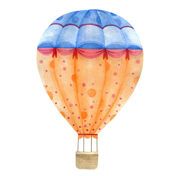 Flying balloon with a wicker basket. Watercolor drawing on a white background. - 写真・画像