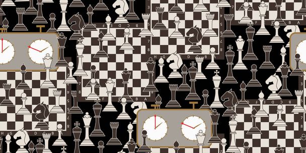 Bezproblémový vzor s šachovými figurkami. Černobílý plochý král, královna, biskup, rytíř, věž, pěšák, šachovnice a šachové hodiny. Ideální pro textil, tapety, webové stránky, obalové materiály. Vektor - Vektor, obrázek