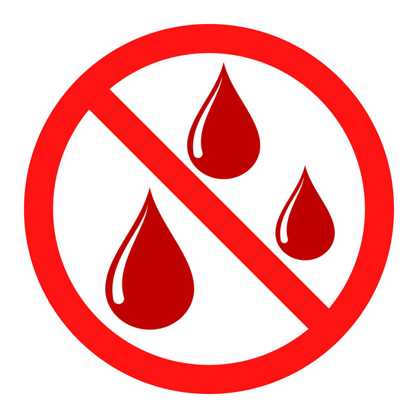 No hay icono de gota de sangre. La donación de sangre está prohibida. Detener o prohibir el signo redondo rojo con el icono de gota de sangre. Ilustración vectorial. Signo prohibido. - Vector, Imagen
